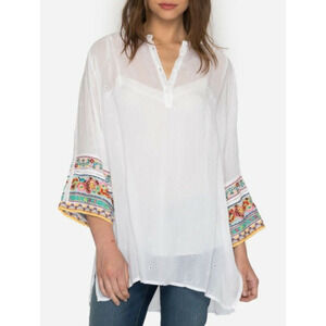 $295 Johnny Was Patchwork Sleeve Eyelet White Embroidered Tunic Small NEW